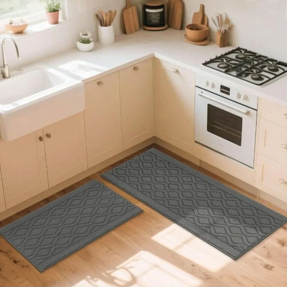 New 2-Piece Kitchen Rug Set, 48x20 & 30x20In Soft Non-Slip Washable Mats - Grey